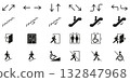 Directional And Accessibility Solid Icon Set. Navigation, Movement and Accessibility Guidance Silhouette Symbol Collection. Includes Arrows, Stairs and Wheelchair Ramps. Isolated Vector Illustration 132847968