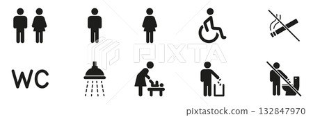 Restroom And Facility Sign Solid Icon Set. Public Amenities, Accessibility and Hygiene Symbols Collection. Includes No Smoking, Wheelchair Access and Waste Disposal. Isolated Vector Illustration 132847970