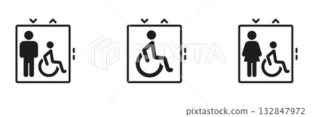 Elevator Accessibility Solid Icon Set. Inclusive Design, Wheelchair Access and Universal Mobility Silhouette Symbol Collection. Public Facility Accessibility. Isolated Vector Illustration 132847972