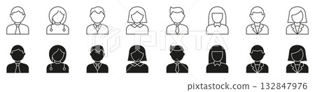 Professional Avatar Icon Set. Diverse Occupation Representation In Outline And Silhouette Styles. Business, Medical, And Corporate Profile Symbols. Isolated Vector Illustration 132847976