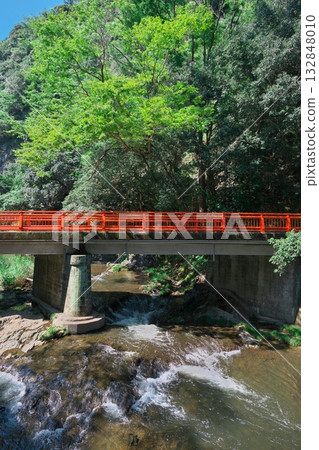 Yukarihashi, a red bridge surrounded by deep greenery in Sakakibara Onsen, Tsu City, Mie Prefecture 132848010