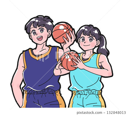 Illustration of a smiling boy and girl holding a basketball 132848013
