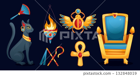 Egyptian element. Ancient gold treasure. Pharaoh scepter and throne. Museum design for game background. Pyramid tomb interior objects. Bastet cat sculpture. Golden scarab. Temple icon. Vector tidy set Egyptian element. Ancient gold treasure. Pharaoh scepter and throne. Museum design for game background. Pyramid tomb interior objects. Bastet cat sculpture. Golden scarab. Temple icon. Vector tidy set 132848019