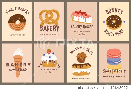 Bakery card. Sweet dessert labels. Tasty pastry logo. Poster with baked goods. Cake, pretzel, ice cream and macaroons. Emblems collection. Vector banner with confectionery elements for coffee shop 132848022