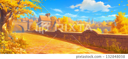 秋天的磚路，卡通風格 132848038