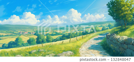 Brick road on the plateau, anime style 132848047