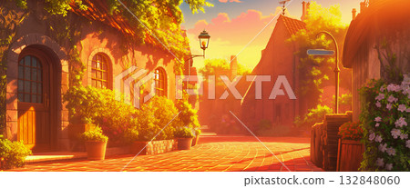 西部小鎮磚路，動漫風格 132848060