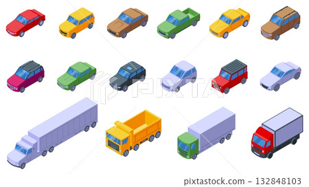 Isometric cars. Personal car various design. City and country vehicle, delivery, transportation. Automobile 3d isolated elements, urban travel nifty vector set Isometric cars. Personal car various design. City and country vehicle, delivery, transportation. Automobile 3d isolated elements, urban travel nifty vector set 132848103