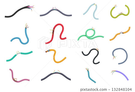 Damaged electrical cables. Electricity problems, broken cable for charge device or communication wires. Electric connects uninsulated, cartoon sapid vector set 132848104