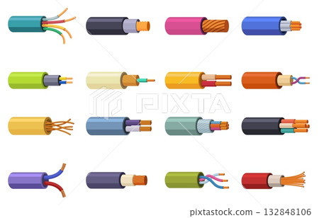 Electrical copper wires. Cartoon cables and electric conductors with insulation. Industrial elements, energy power cable, household and industry, sapid vector set Electrical copper wires. Cartoon cables and electric conductors with insulation. Industrial elements, energy power cable, household and industry, sapid vector set 132848106