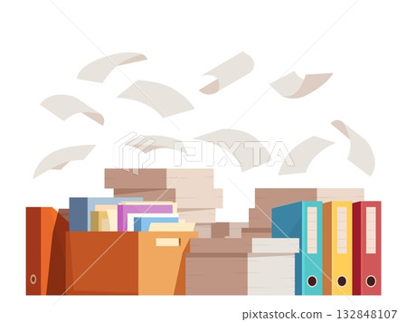 Office documents. Pile of folders, flying work papers. Different files, cardboard box and paper in containers. Work messy, sapid vector scene 132848107