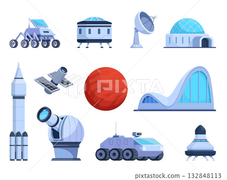 Mars exploration. Cartoon space explorations elements, buildings and space transport, locators, rovers. Astronomy and researching, spacecraft, sapid vector set 132848113