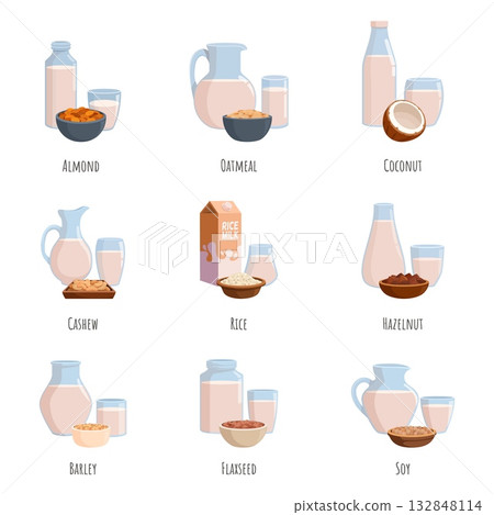Vegan milk. Alternative drinks from almond oat rice cashew hazelnut soy. Glass bottles and jars and glasses, bowls with cereals and nuts, sapid vector set Vegan milk. Alternative drinks from almond oat rice cashew hazelnut soy. Glass bottles and jars and glasses, bowls with cereals and nuts, sapid vector set 132848114