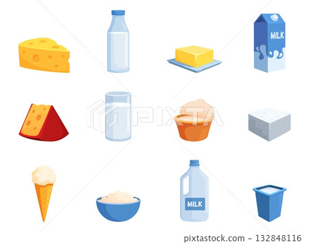 Dairy products. Cheese milk butter and yoghurt. Isolated sour cream and ice cream in waffle cone. Cottage cheese, greek feta, sapid vector clipart Dairy products. Cheese milk butter and yoghurt. Isolated sour cream and ice cream in waffle cone. Cottage cheese, greek feta, sapid vector clipart 132848116