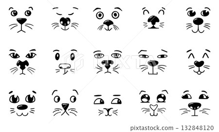 Doodle cat faces. Sketch comic dog kitten face, emotions of pets. Various animal mood, noses eyes, moustaches. Hand drawn neoteric vector elements Doodle cat faces. Sketch comic dog kitten face, emotions of pets. Various animal mood, noses eyes, moustaches. Hand drawn neoteric vector elements 132848120