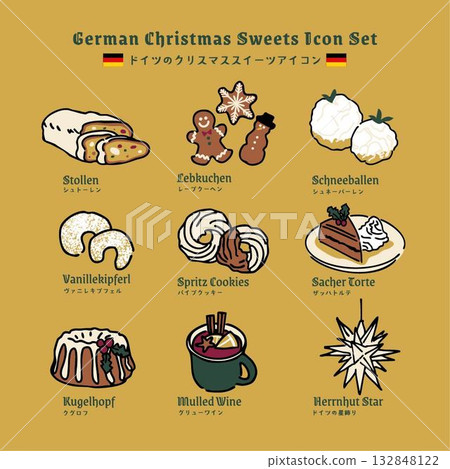 德國聖誕糖果圖示集/冬季設計，如斯托倫和lebkuchen 132848122