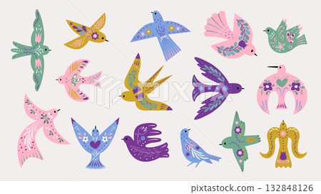 Birds with ornament. Floral ornaments bird, flying decorative swallow, dove or pigeon, sparrow. Simple characters with flowers, branches, nowaday vector clipart 132848126