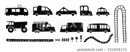Pencil drawing road elements. Hand drawn crayon truck, bus, tram, taxi cars black silhouettes. Traffic signs, grunge ways and railway. Children design vector set 132848131