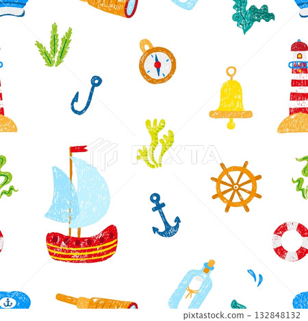 Nautical elements. Crayon drawing ship bell compass anchor. Children style lighthouse and letter in bottle. Pirate ocean adventures, vector background 132848132