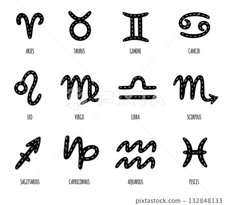 Doodle zodiac symbols. Isolated 12 month mystical signs with title. Horoscope, astronomy, celestial hand drawn elements. Zodiacales icons vector set 132848133