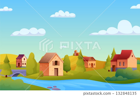 Countryside valley landscape. Green hills, river, stone bridge and houses. Rural village with wooden brick buildings, medieval style vector illustration 132848135