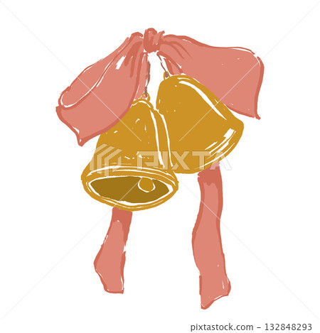 Whimsical Christmas card of gold bells and pink bow. Hand drawn composition isolated on white background. Holiday illustration for design, print, fabric or background. 132848293