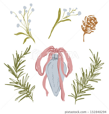 Whimsical Christmas floral set of pine cone, pink bow, Christmas tree toy and branch. Hand-drawn vintage collection isolated on white background. Illustration for design, print, fabric or background. Whimsical Christmas floral set of pine cone, pink bow, Christmas tree toy and branch. Hand-drawn vintage collection isolated on white background. Illustration for design, print, fabric or background. 132848294