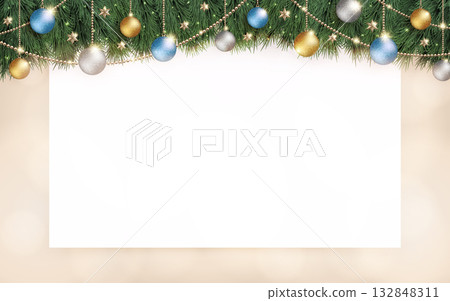 Sparkling Christmas decorations and a horizontal blurred background of white board and beige 132848311