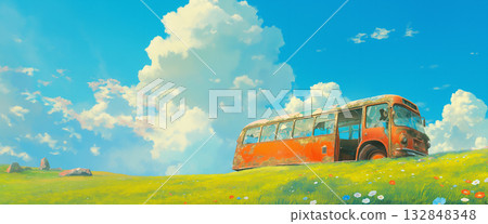 Summer cumulonimbus clouds and an abandoned, broken bus, anime style 132848348