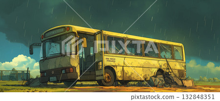 小雨滂沱,一輛廢棄的破舊巴士,動畫風格 小雨滂沱,一輛廢棄的破舊巴士,動畫風格 132848351