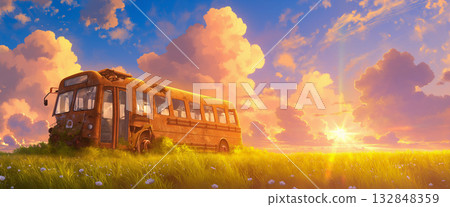 日落和廢棄的破舊巴士，動漫風格 132848359