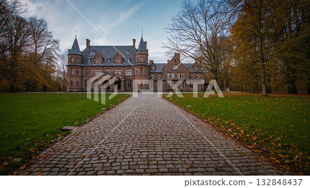 Historic castle with a cobblestone path leading to the entrance on a sunny day 132848437