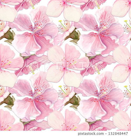 Sakura flowers seamless pattern watercolor, pink tones, hand-painted in natural botanical style isolated on white background. Perfect for wedding invitations, spring cards, packaging, textile design. Sakura flowers seamless pattern watercolor, pink tones, hand-painted in natural botanical style isolated on white background. Perfect for wedding invitations, spring cards, packaging, textile design. 132848447