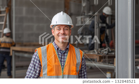 Smiling construction worker wearing a hard hat and safety vest at a building site Smiling construction worker wearing a hard hat and safety vest at a building site 132848521