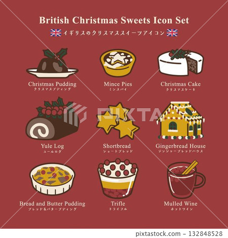 British Christmas sweets icon set / Winter designs including Christmas pudding and mince pies British Christmas sweets icon set / Winter designs including Christmas pudding and mince pies 132848528