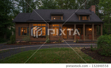 Cozy cottage home with warm lighting and inviting front porch 132848558