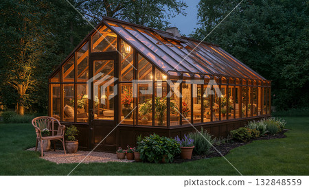 Elegant greenhouse with warm lighting and lush plants at dusk 132848559