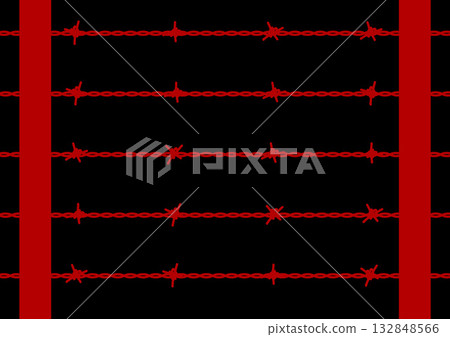 龐克或搖滾風格設計——危險的紅黑相間鐵絲網和圍欄背景，象徵安全、限制和監獄。 132848566
