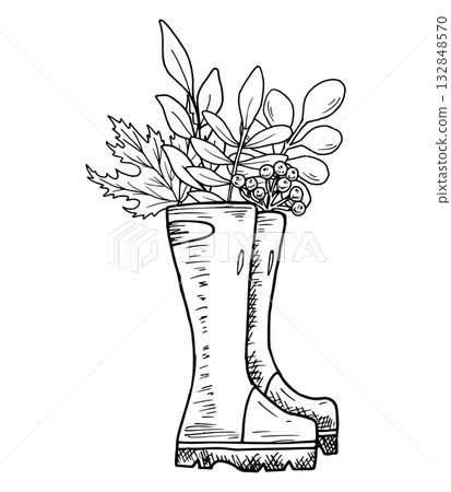 Autumn composition with rubber boots, rowan berries, and leaves. Hand drawn botanical vector illustration. Black line art. Autumn graphics for seasonal holidays, invitations and Thanksgiving. 132848570