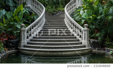 Elegant Staircase Surrounded by Lush Greenery Elegant Staircase Surrounded by Lush Greenery 132848600
