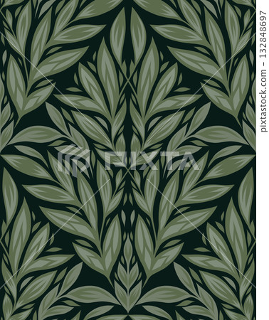 Vector seamless leaf ornament on dark green background. Elegant nature-inspired texture with stylized foliage 132848697
