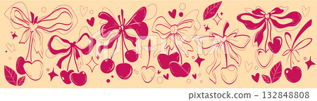 Coquette heart cherries with ribbon bows on beige 132848808