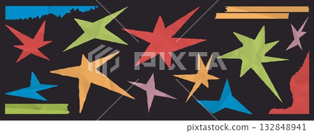 Wrinkled color paper stars and strips set on black 132848941