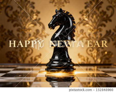 Black knight and chessboard celebrating 2026 132848960