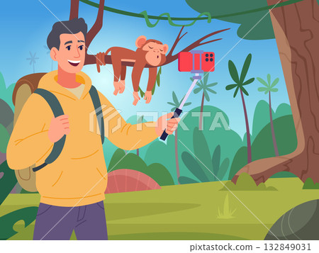 Selfie. traveller in jungle outdoor making selfie photo with sleeping monkey on smartphone. Selfie. traveller in jungle outdoor making selfie photo with sleeping monkey on smartphone. 132849031
