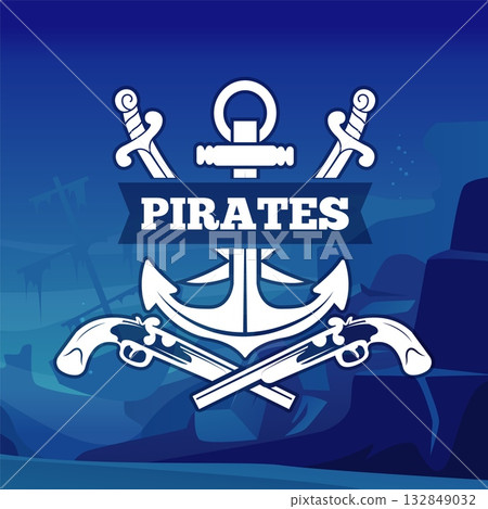 Pirate poster. underwater background and nautical badges for placard template 132849032
