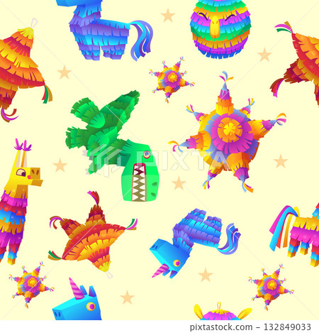 Pinata. pattern with colored mexican paper toy with candies. seamless background 132849033