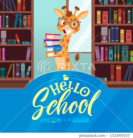 Giraffe. background concept back to school with funny animal giraffe holding books 132849107