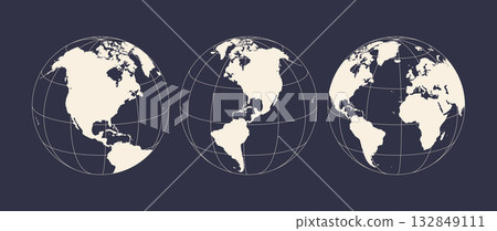 Globe, map, North South America. Earth globe with United States of America, USA. Europe, Asia, America, Oceania globe set. Map of America, USA Earth globe sign, symbol, circle. Vector Illustration Globe, map, North South America. Earth globe with United States of America, USA. Europe, Asia, America, Oceania globe set. Map of America, USA Earth globe sign, symbol, circle. Vector Illustration 132849111
