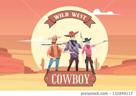 Cowboys. standing characters with weapons. wild west poster template Cowboys. standing characters with weapons. wild west poster template 132849117